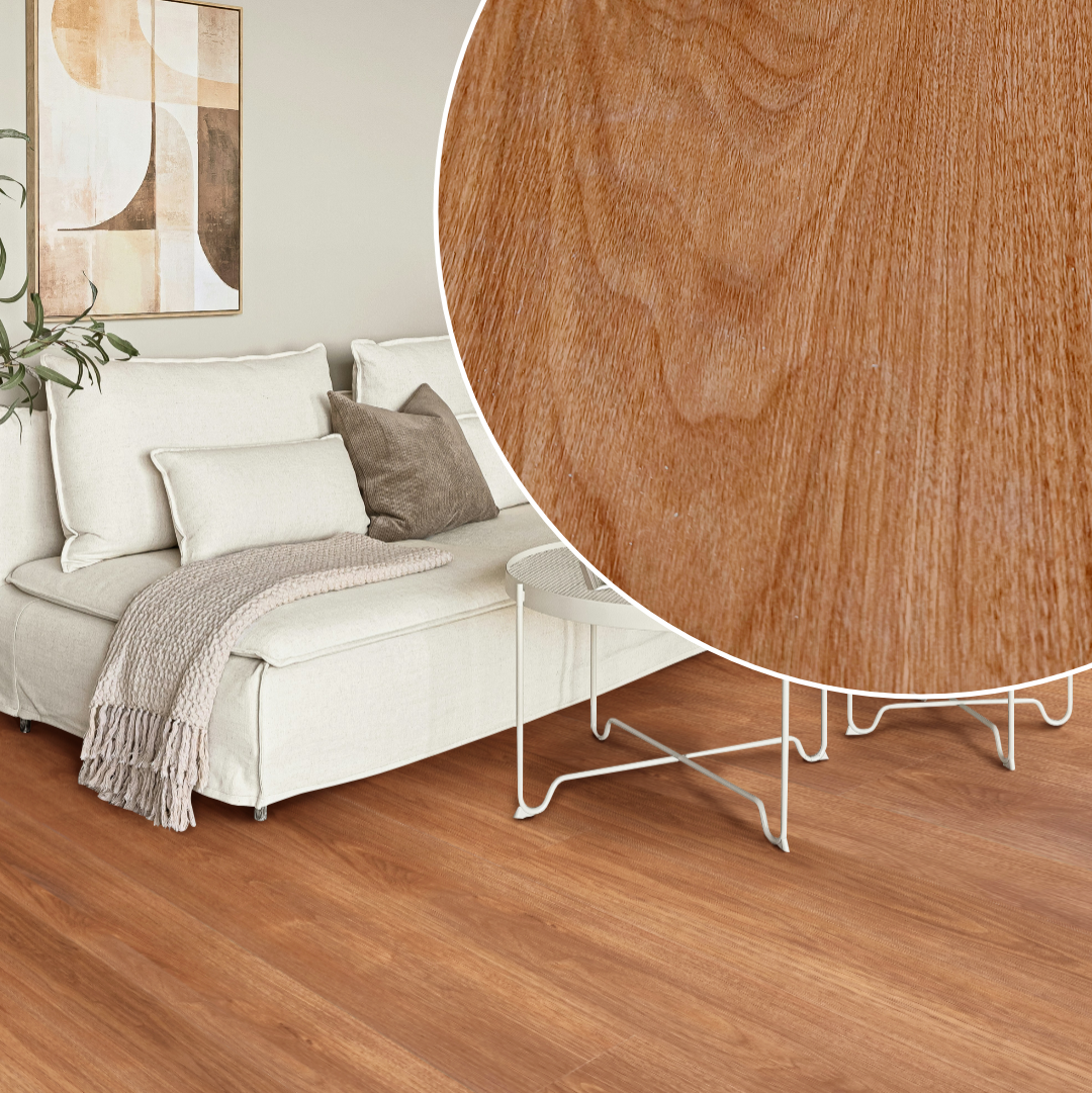 Pavimento SPC bronze — detalhe e ambiente